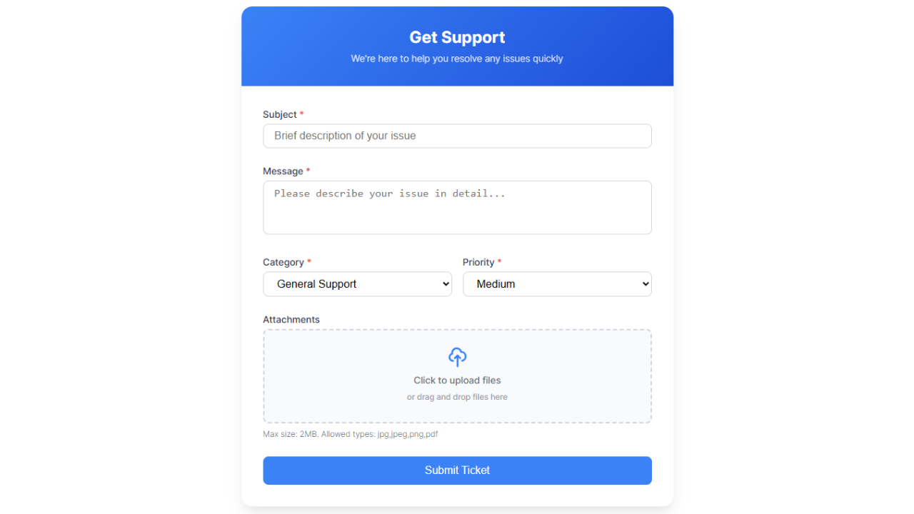Frontend Ticket Submission Form - Clean, user-friendly form interface with file attachments and priority selection