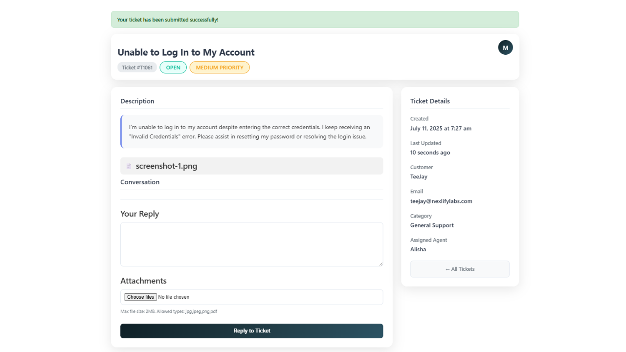 Frontend Ticket Conversation - Threaded conversation view with file attachments and status updates