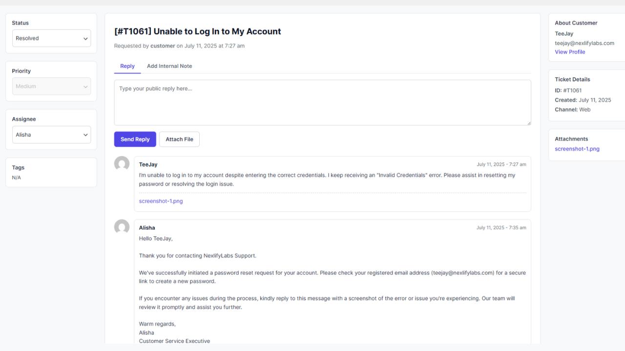 Admin Ticket Details - Single-ticket management view with internal notes and agent actions