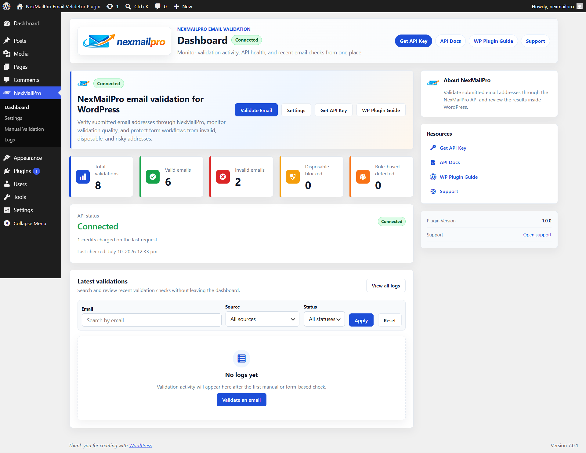 Dashboard showing validation statistics, API status, and recent activity.