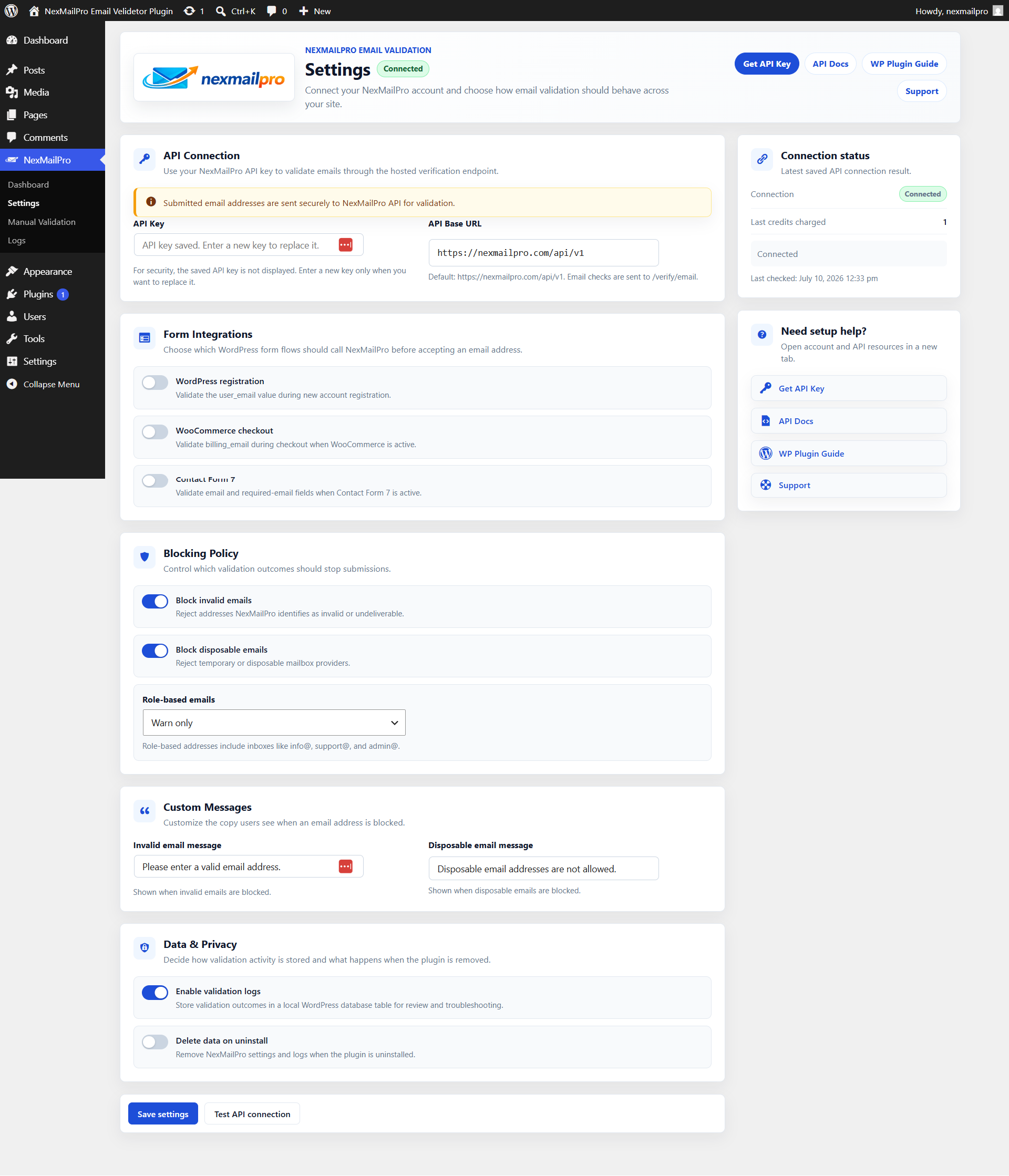 Settings page with API configuration, integrations, blocking policy, and privacy options.