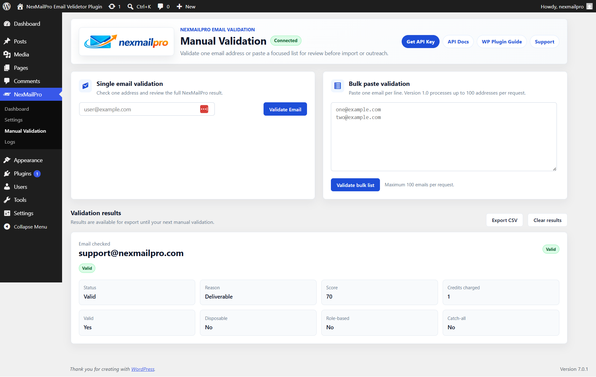 Manual email validation with single email and bulk validation tools.