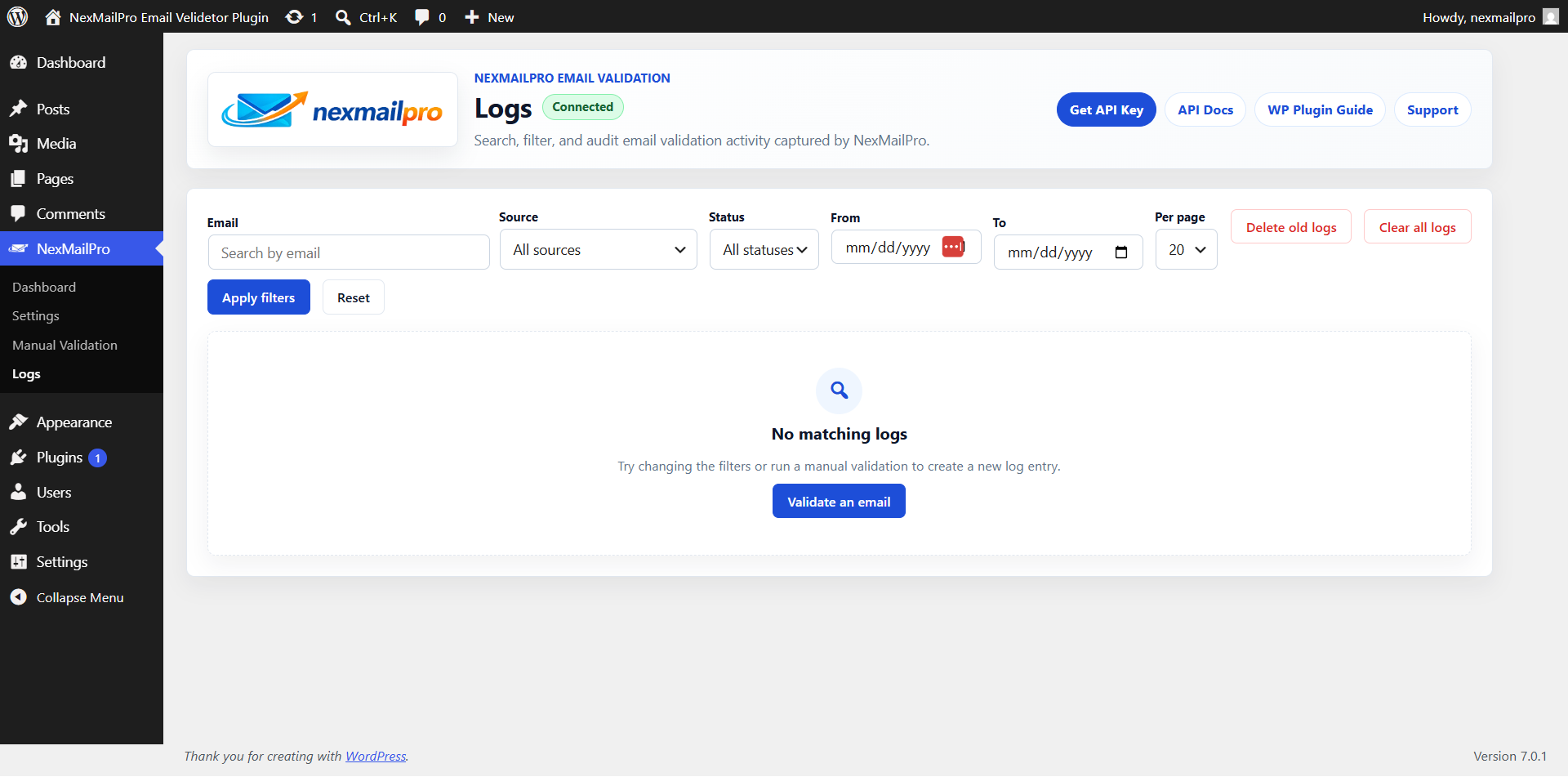 Validation logs with search, filters, pagination, and cleanup actions.
