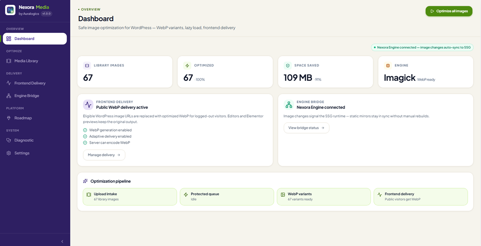 Dashboard — library stats, space saved, optimization pipeline, and Nexora Engine connection at a glance