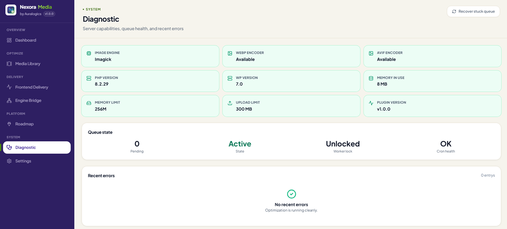 Diagnostic — server capabilities, queue health, and the structured error log