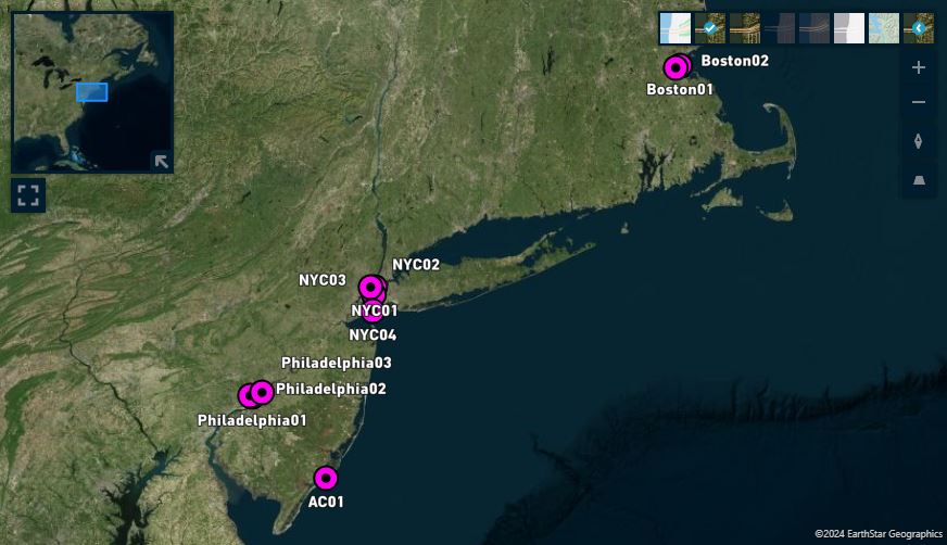 <p>Round pins with hover effect. Satellite map style and mini map.</p>