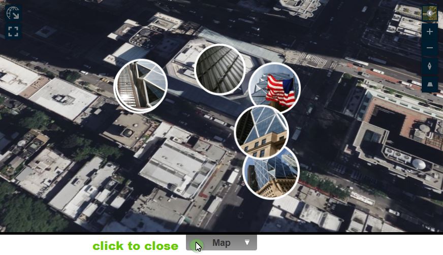 <p>Opened map in Ajax Mode with round thumbnails. Satellite map style. Increased pitch.</p>