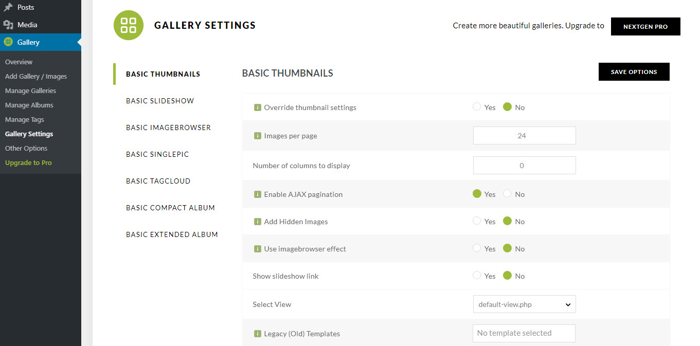 Gallery Settings Page