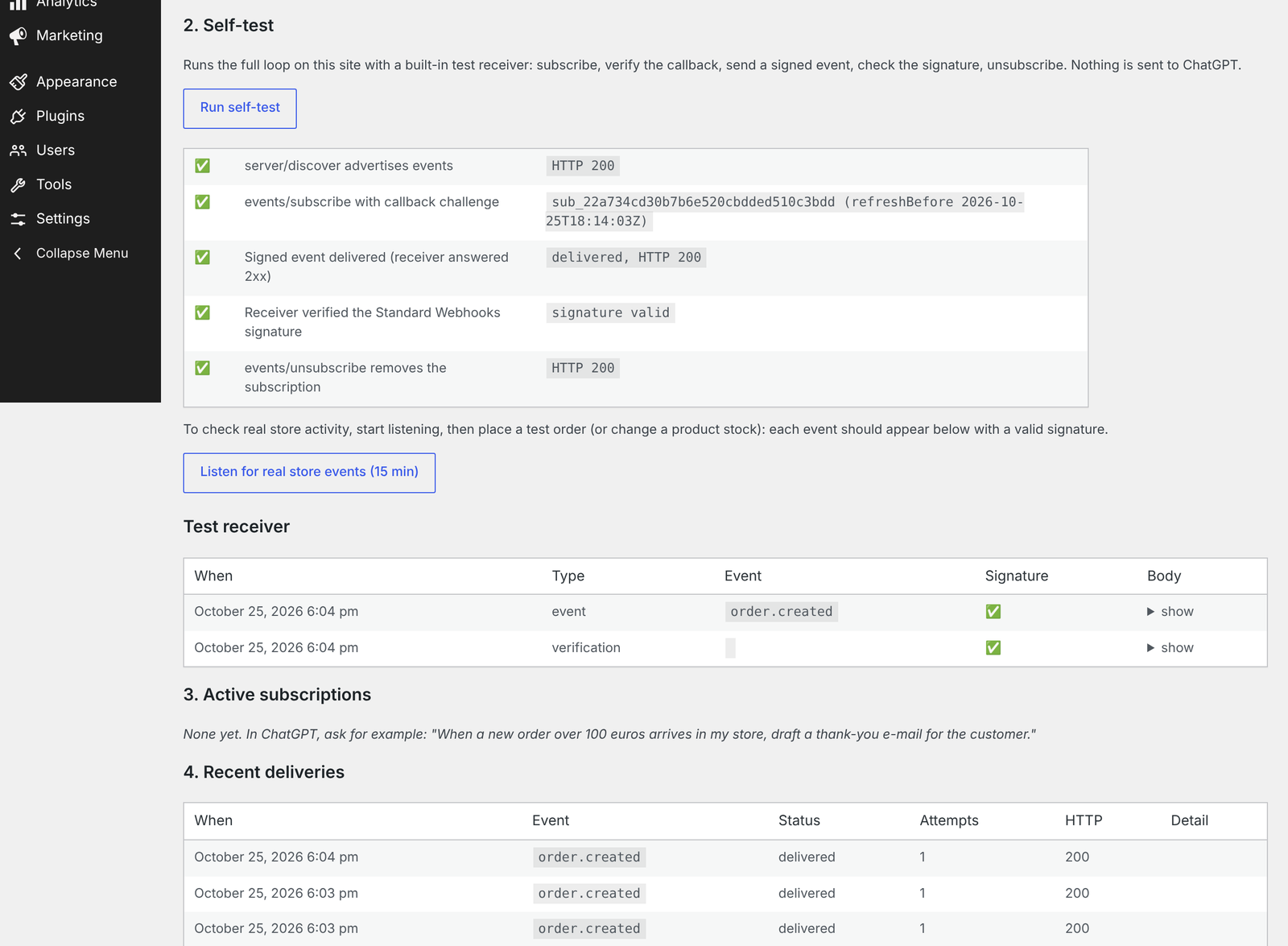 The built-in self-test, test receiver and delivery log.
