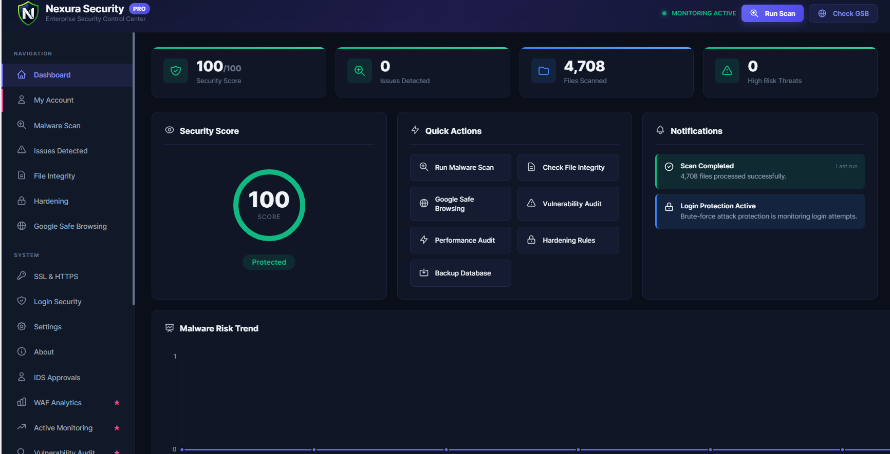Security Dashboard — Your complete security overview at a glance showing scan status, threat summary, and quick actions.