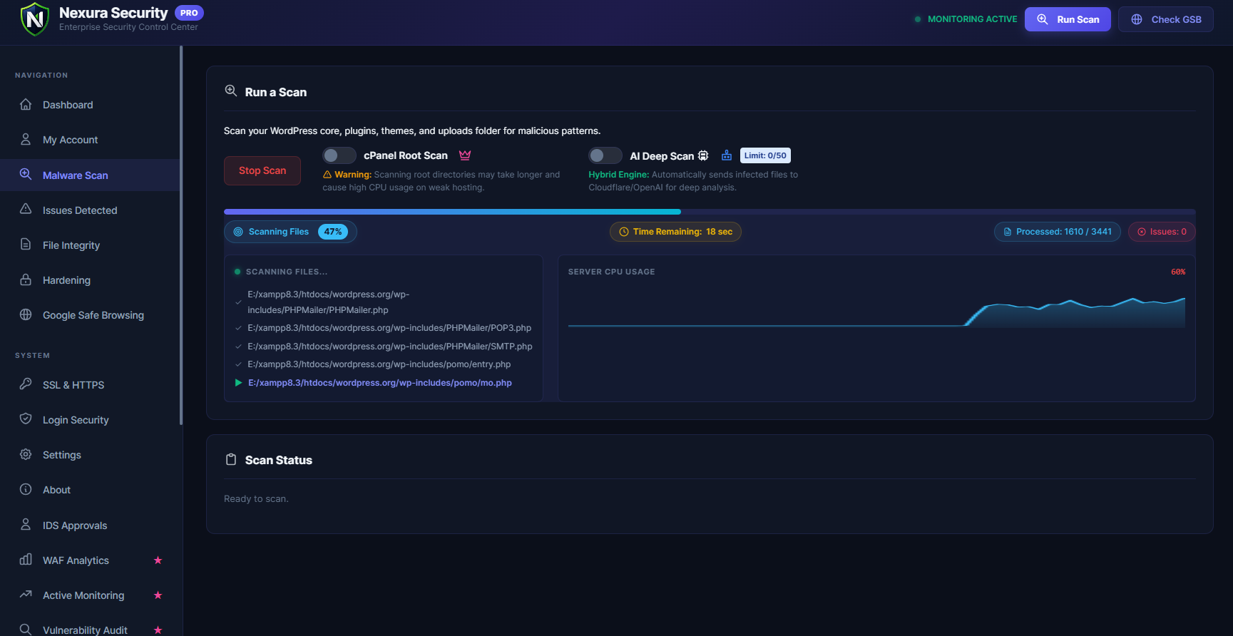 Malware Scanner — Deep heuristic scanner in action, detecting suspicious files across your entire WordPress installation.