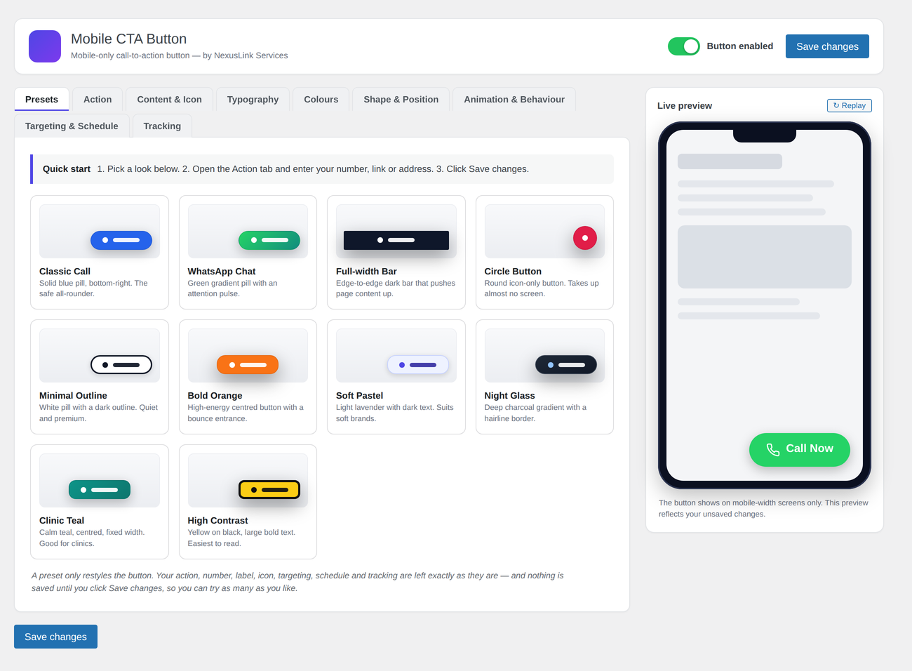 Ten one-click presets, with the live phone preview beside them.