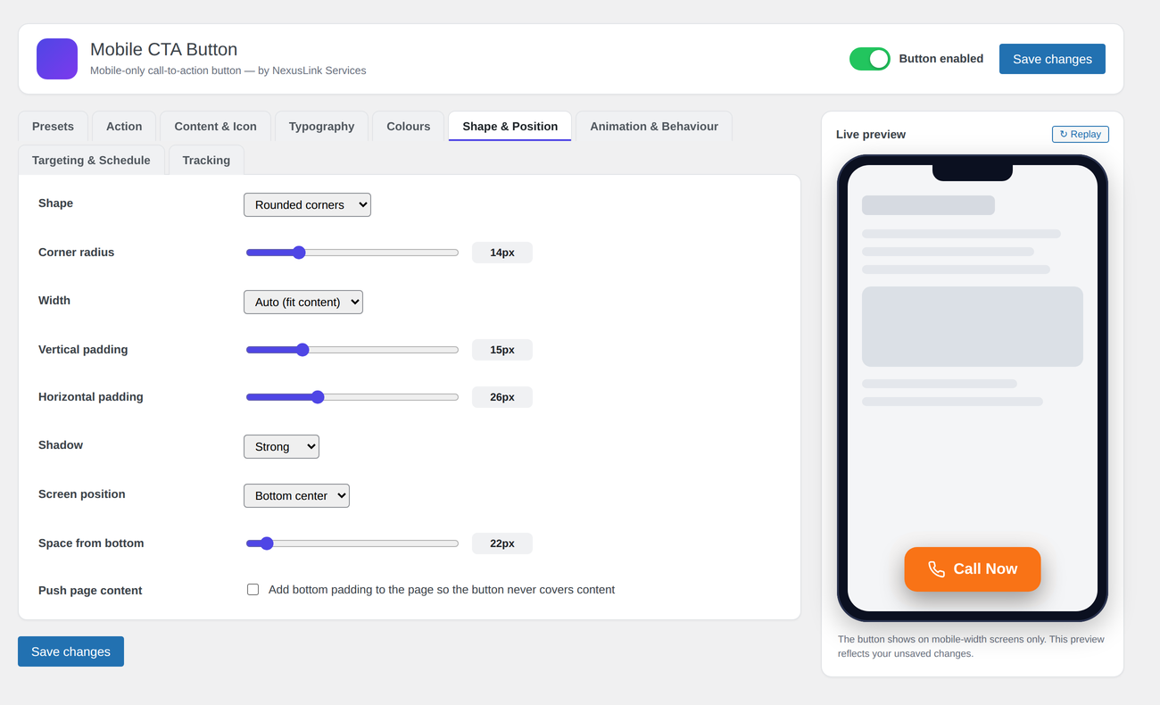 Shape and position controls — the preview updates as you drag.