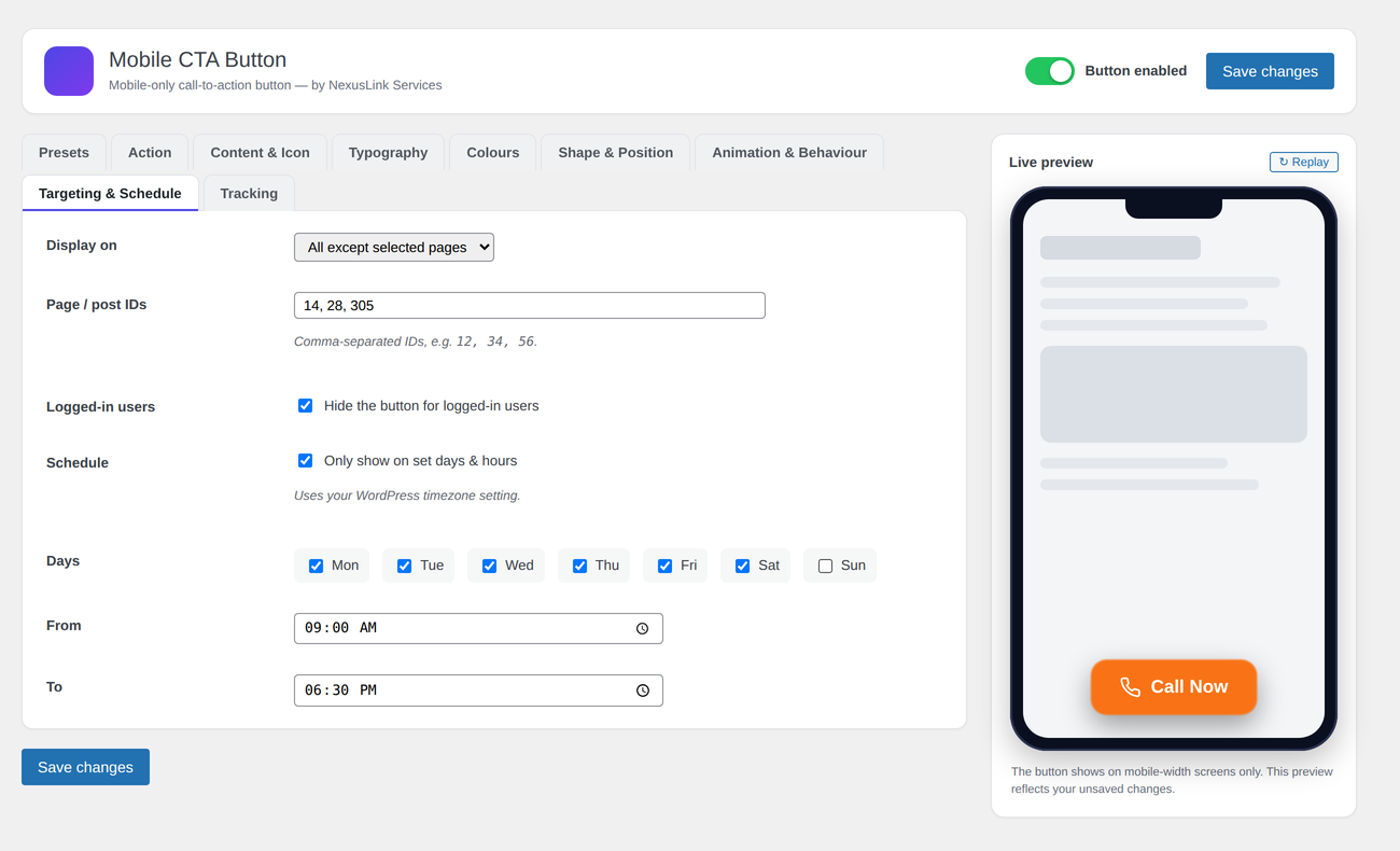 Page targeting and the day + business-hours schedule.