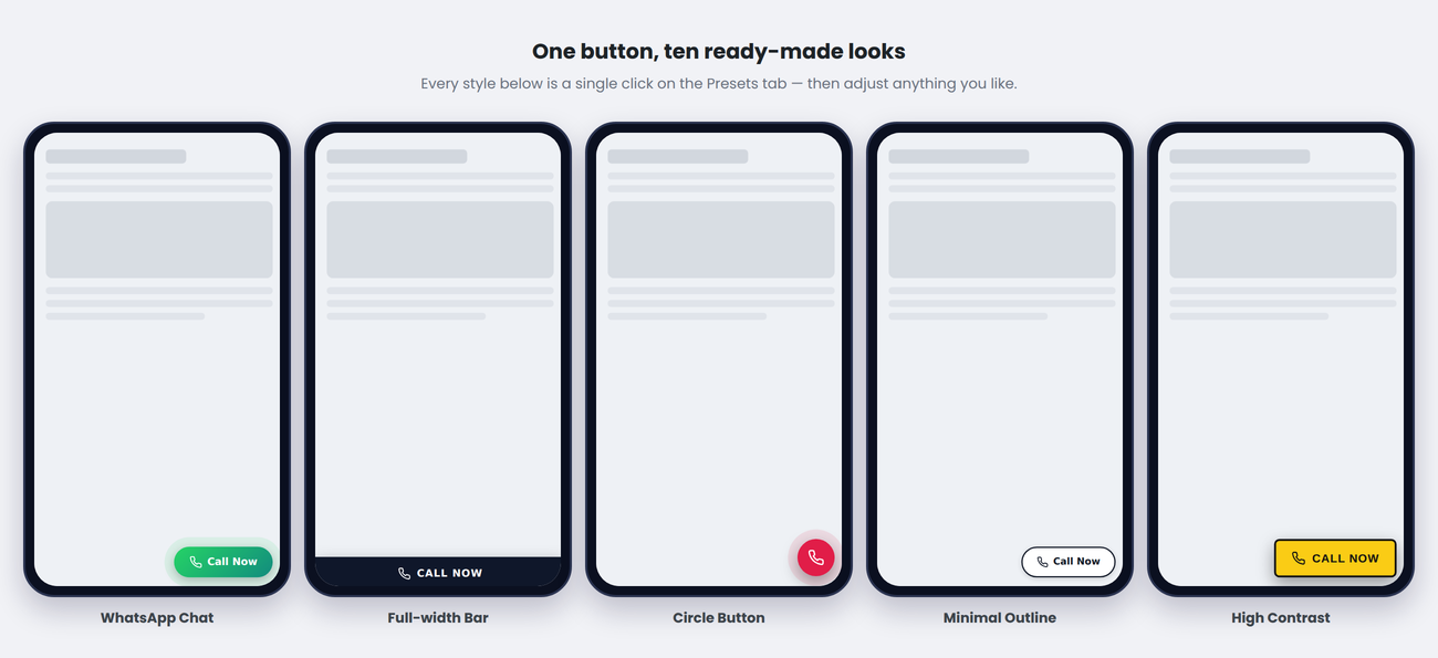 The same button styled five different ways on a phone.