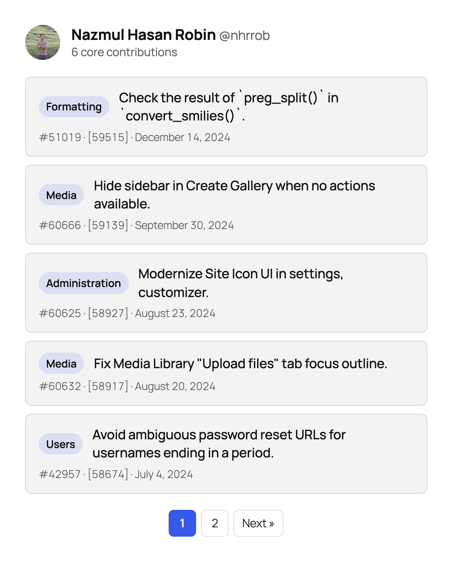 NHR Core Contributions list with pagination