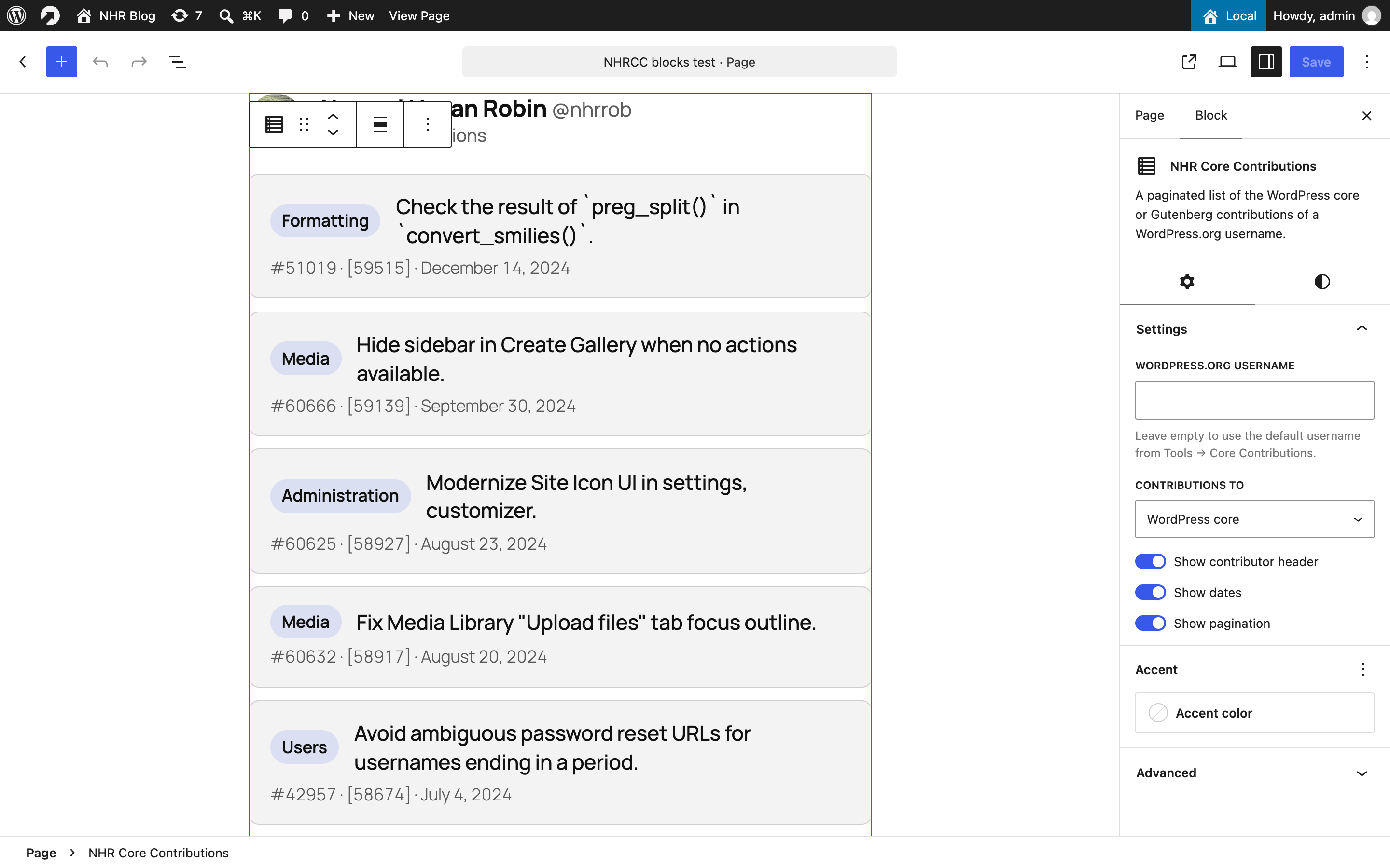 The blocks in the editor, with their settings