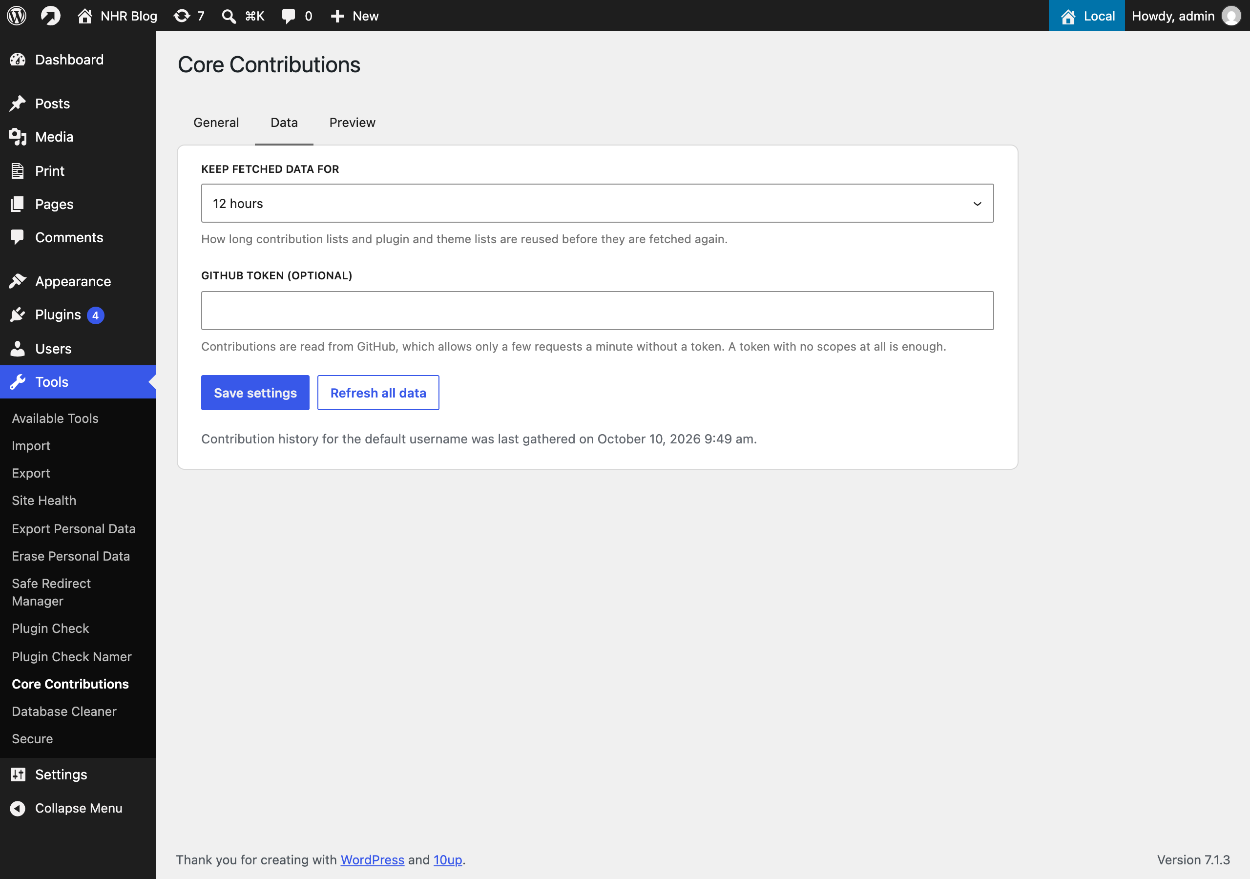 Tools → Core Contributions settings