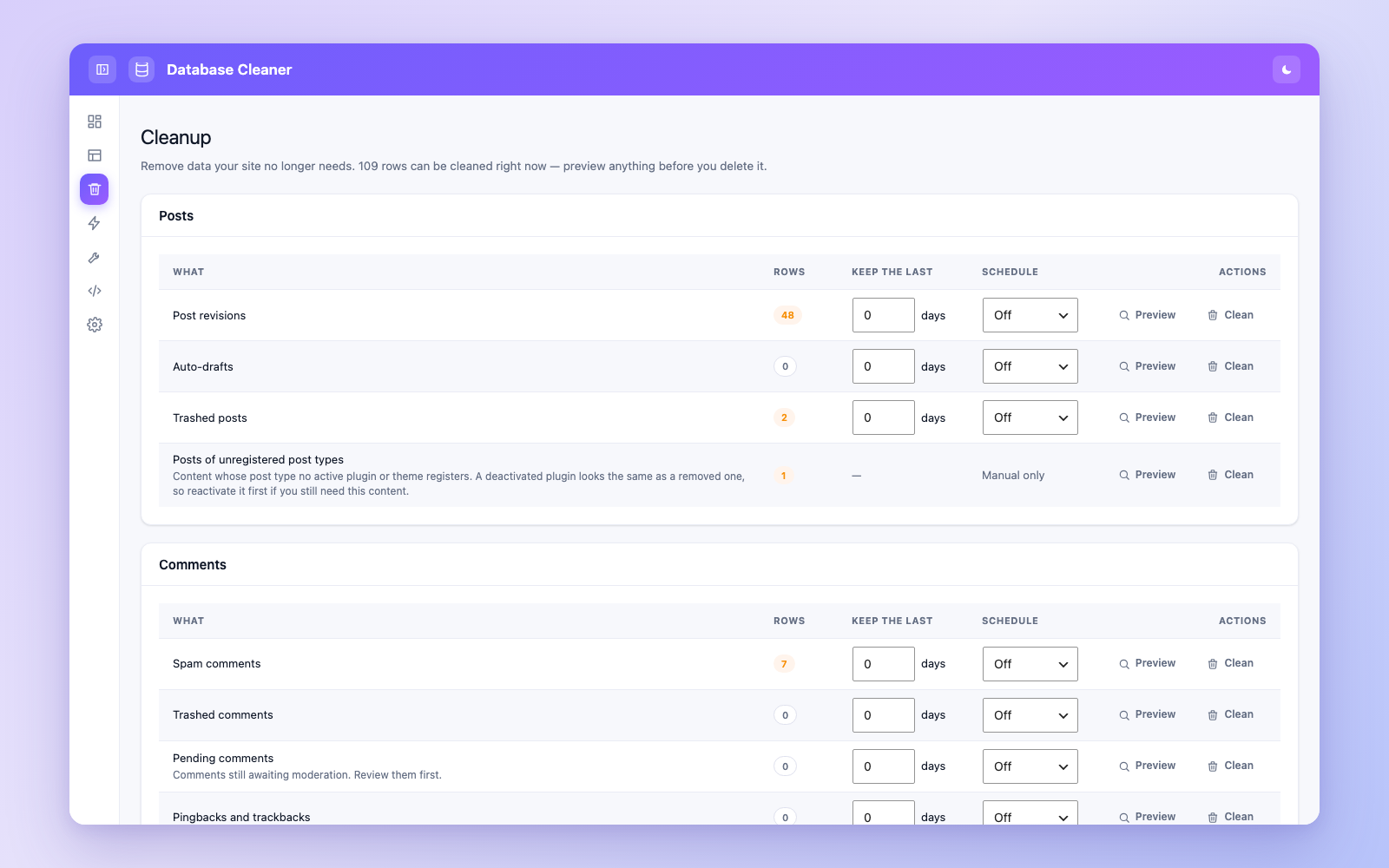 Cleanup — every cleanup type with its live count, keep-the-last rule, schedule, preview and clean