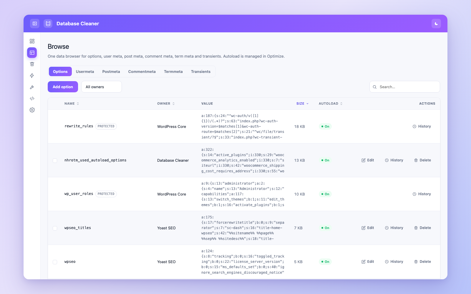 Browse — options with owner filter, sortable columns, per-option history, and bulk actions
