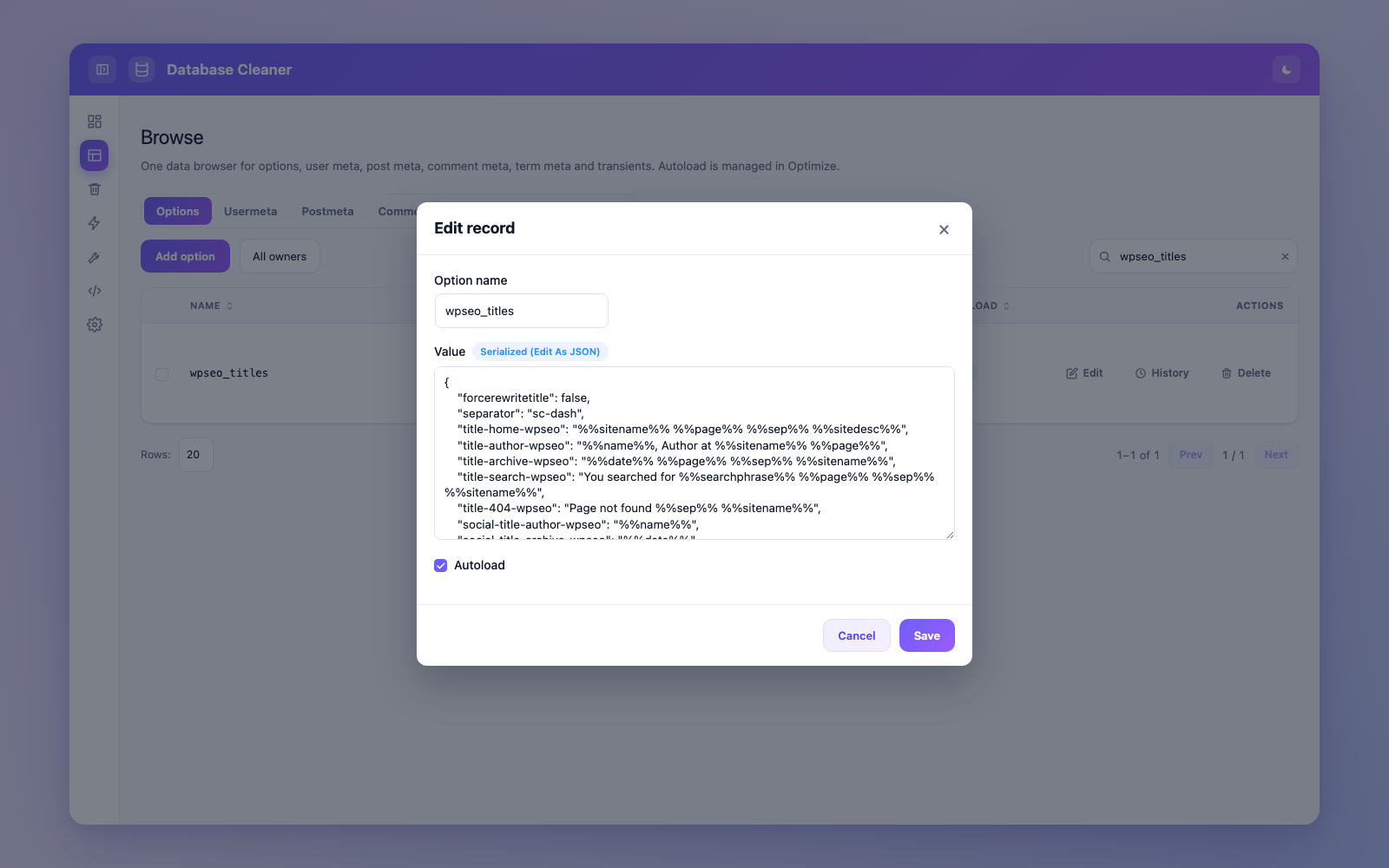 Edit modal — structured editing for serialized and JSON values