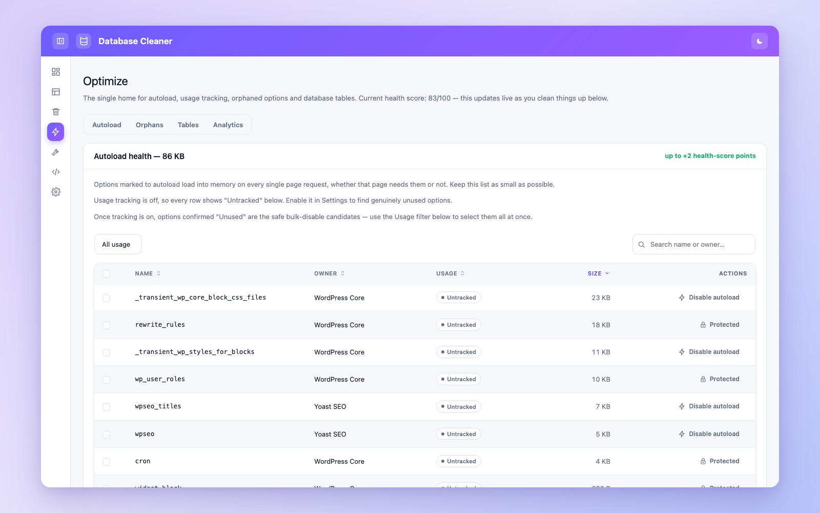 Optimize — autoload health and the Autoload Usage Tracker
