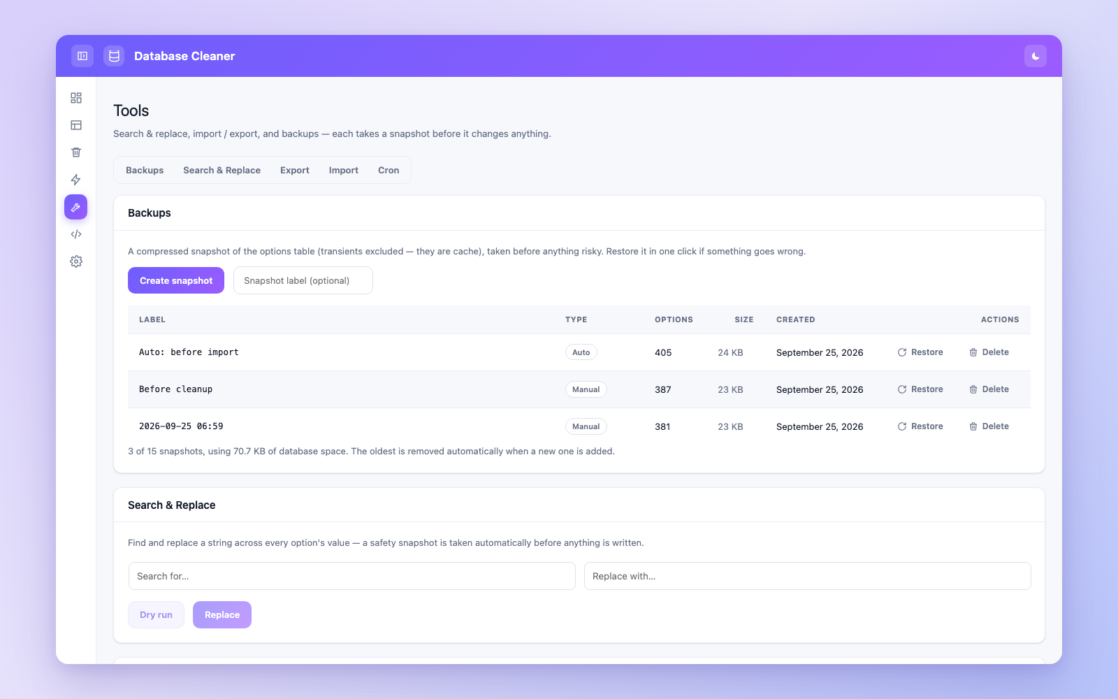 Tools — backups & snapshots and Search & Replace with dry run