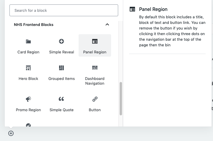 This plugin adds a new type of block to your WordPress - titled NHS Front-end - with 10 new blocks based on the NHS Digital Front-end Library