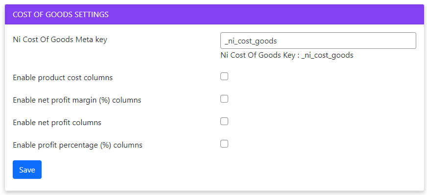 Cost of goods settings