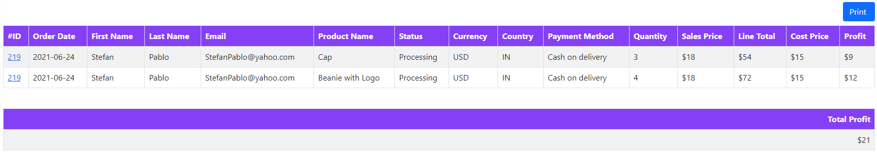 Product profit grid / table