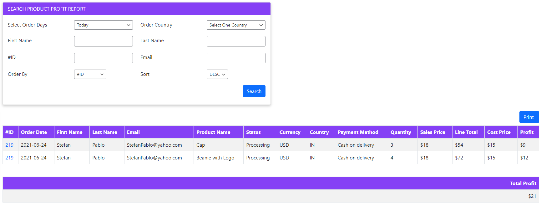Product Profit Report