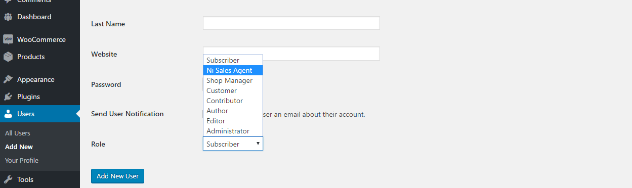 Create a sales agent user with the Ni Sales Agent role.