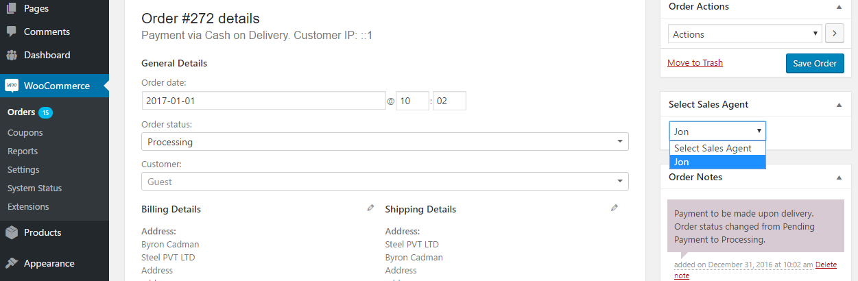 Assign a sales agent on the WooCommerce order edit screen.