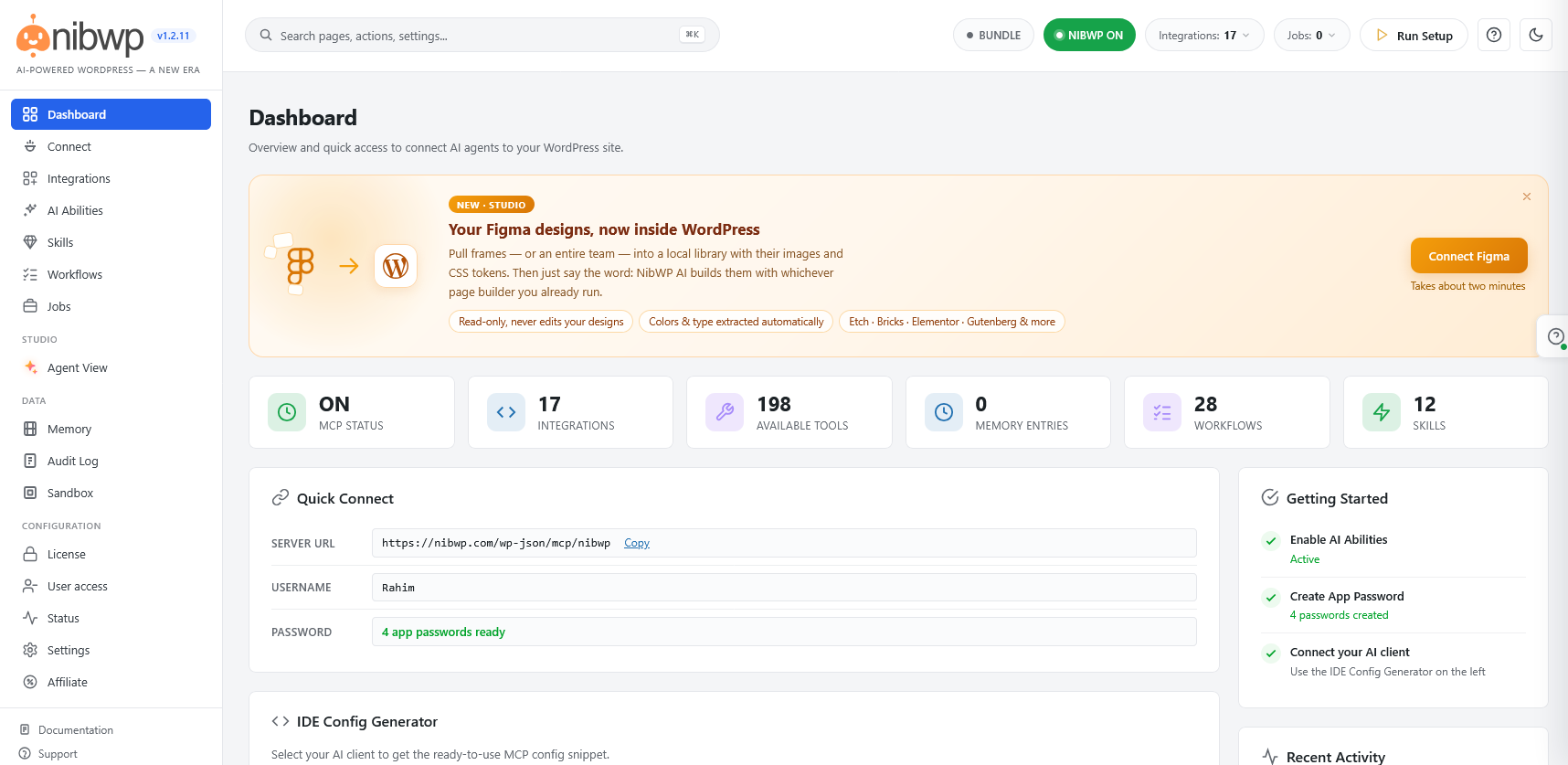Dashboard - MCP status, active integrations, available tools, and Quick Connect with your own server URL.
