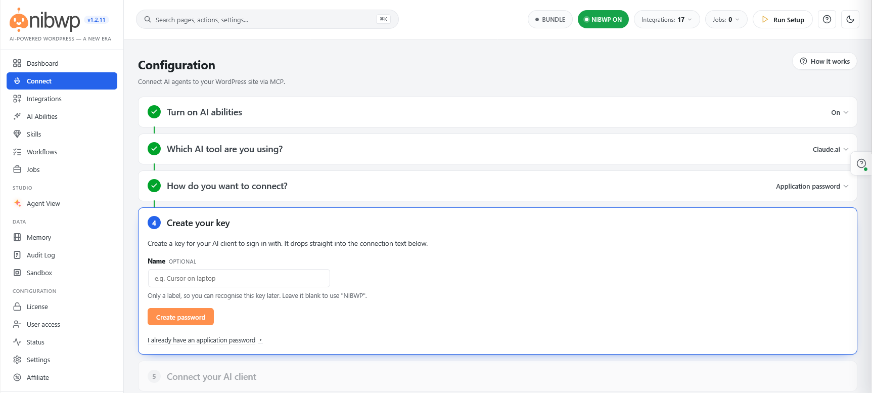 Connect - turn on AI abilities, pick your AI tool, create an application password, and copy the ready-made connection.