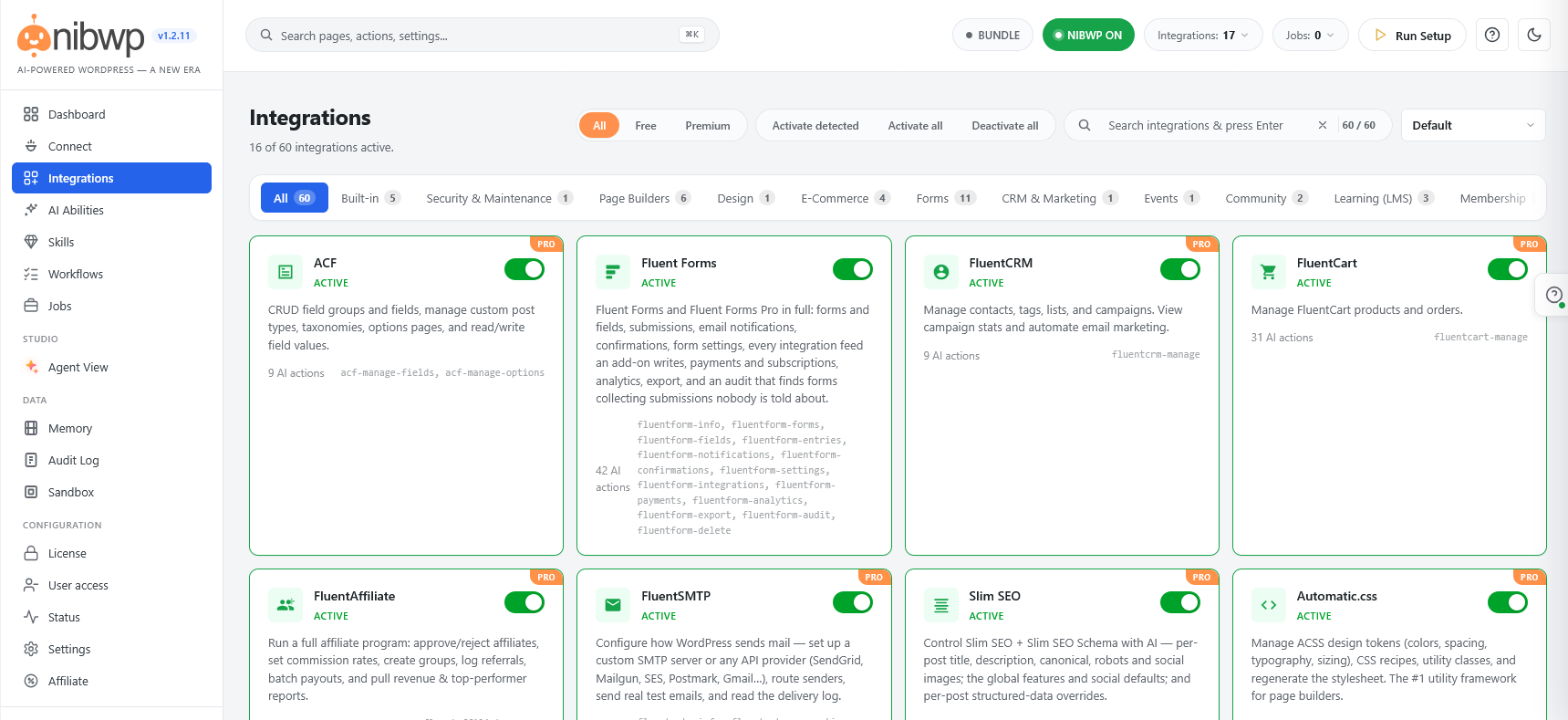 Integrations - 60 plugins detected and switched on one by one, from WooCommerce and ACF to Fluent Forms and Slim SEO.