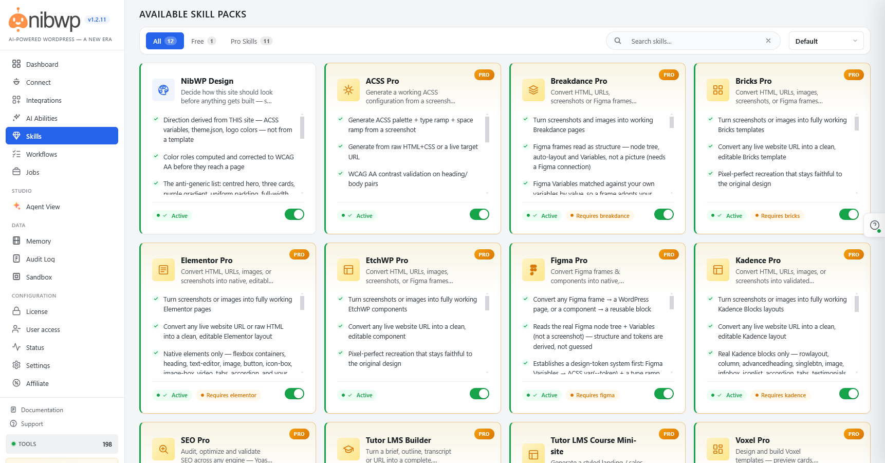 Skills - skill packs that teach your agent one job properly, like building pages natively in the page builder you already run.