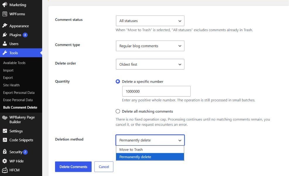 Main Bulk Comment Delete screen with status, type, order, quantity, and deletion method controls.