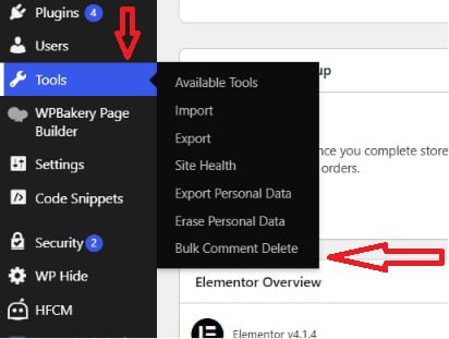 Tools menu location for opening the Bulk Comment Delete screen.