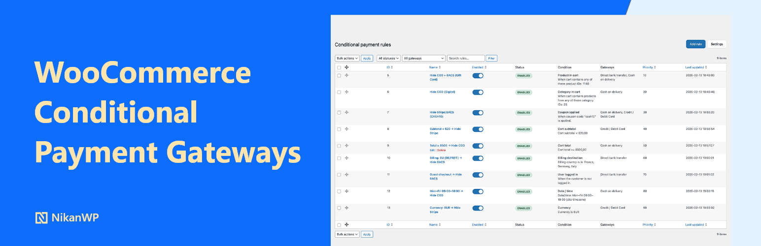 Conditional Payment Gateways for WooCommerce – Hide Payment Methods by Rules