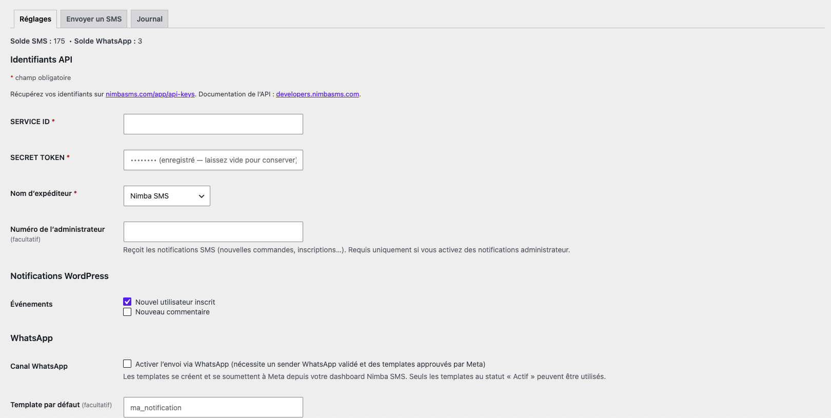 Settings: API credentials, live SMS and WhatsApp balances, sender name and notifications.