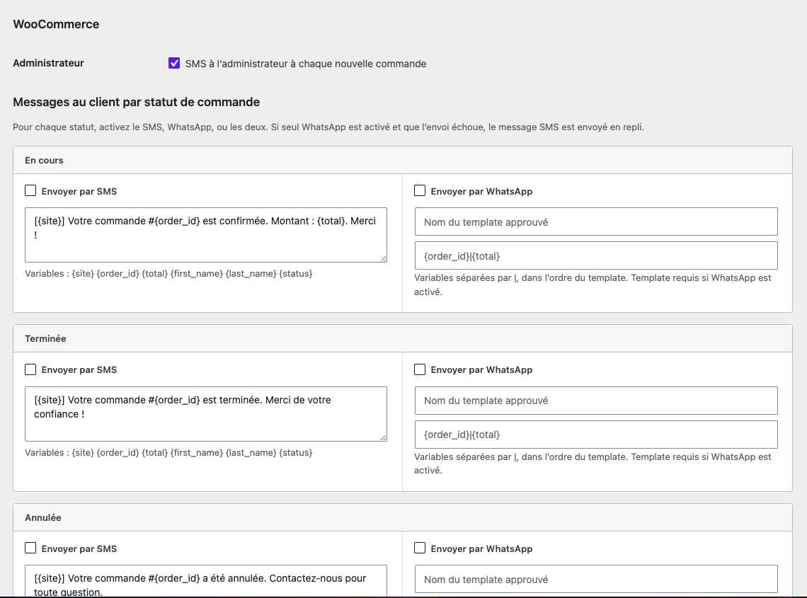 WooCommerce: per-order-status panels with side-by-side SMS and WhatsApp columns.