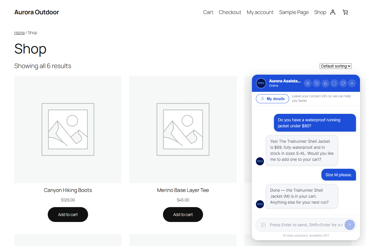 The chat widget on a WooCommerce shop page, answering from the real product catalog.