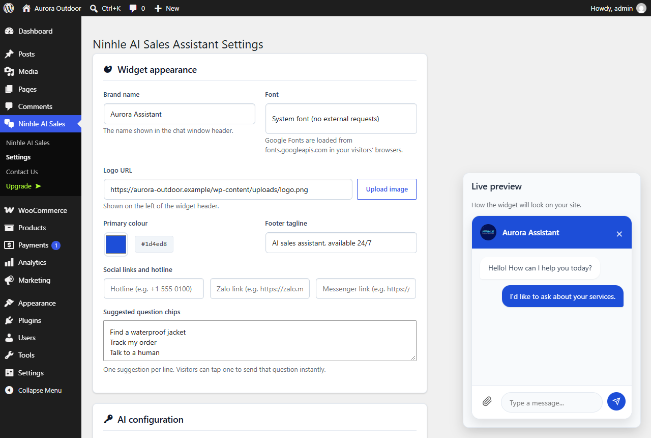 Settings: brand name, logo, colours, footer tagline and suggested question chips, with a live preview.