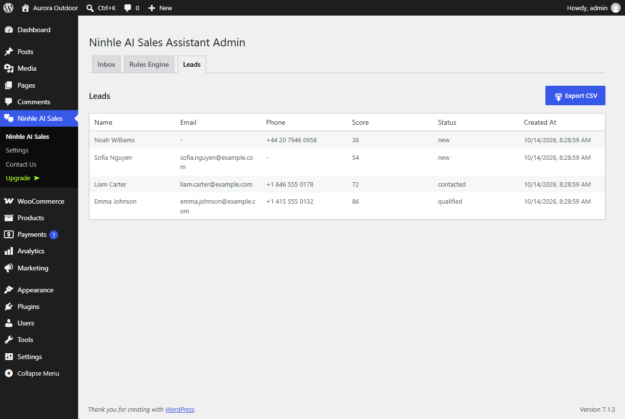 Leads captured in chat, with score and status, ready to export as CSV.