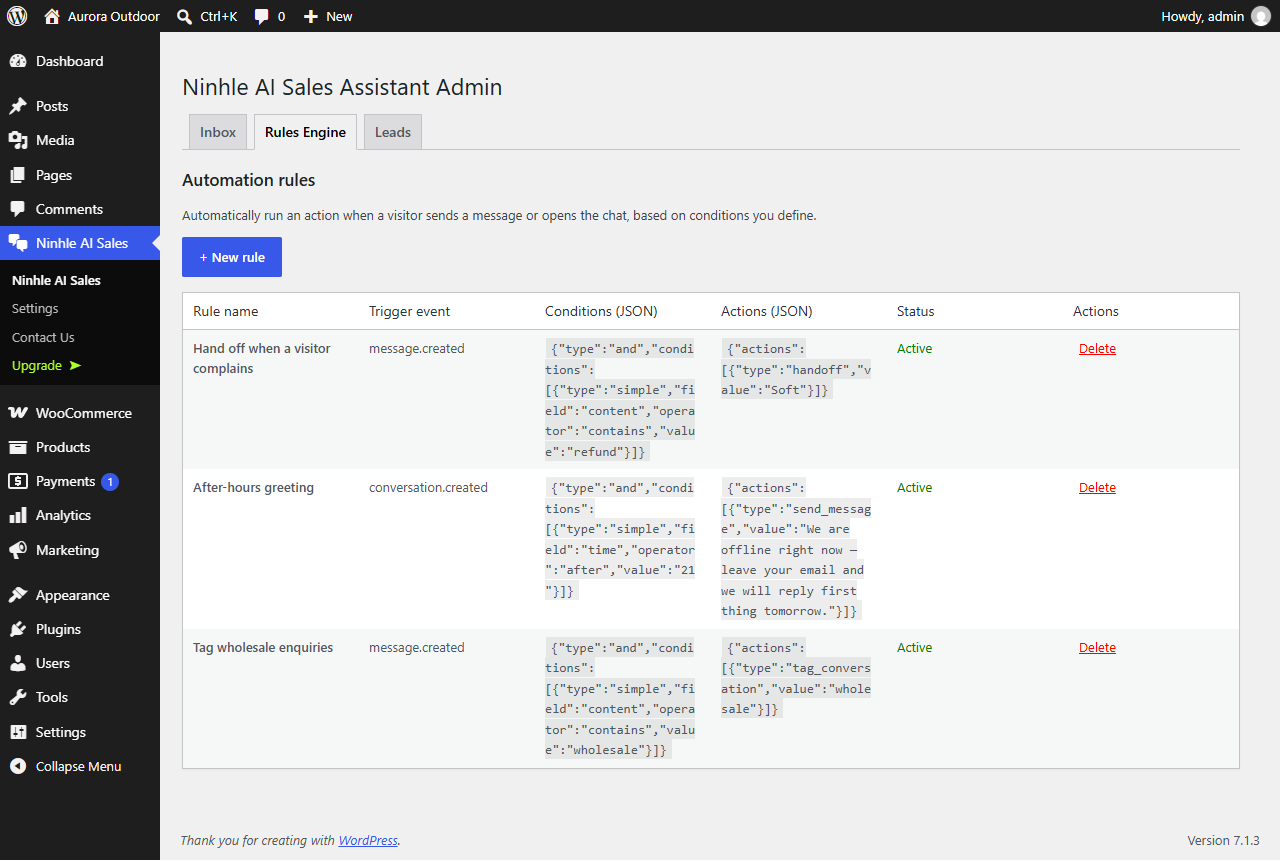 Rules Engine: automatic handoffs, messages and tags based on what visitors write.