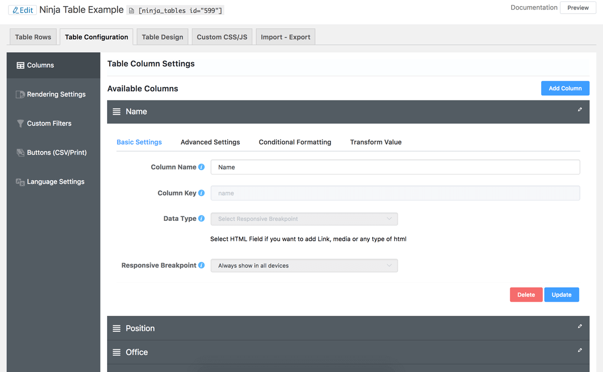 Backend - Table Column Configuration