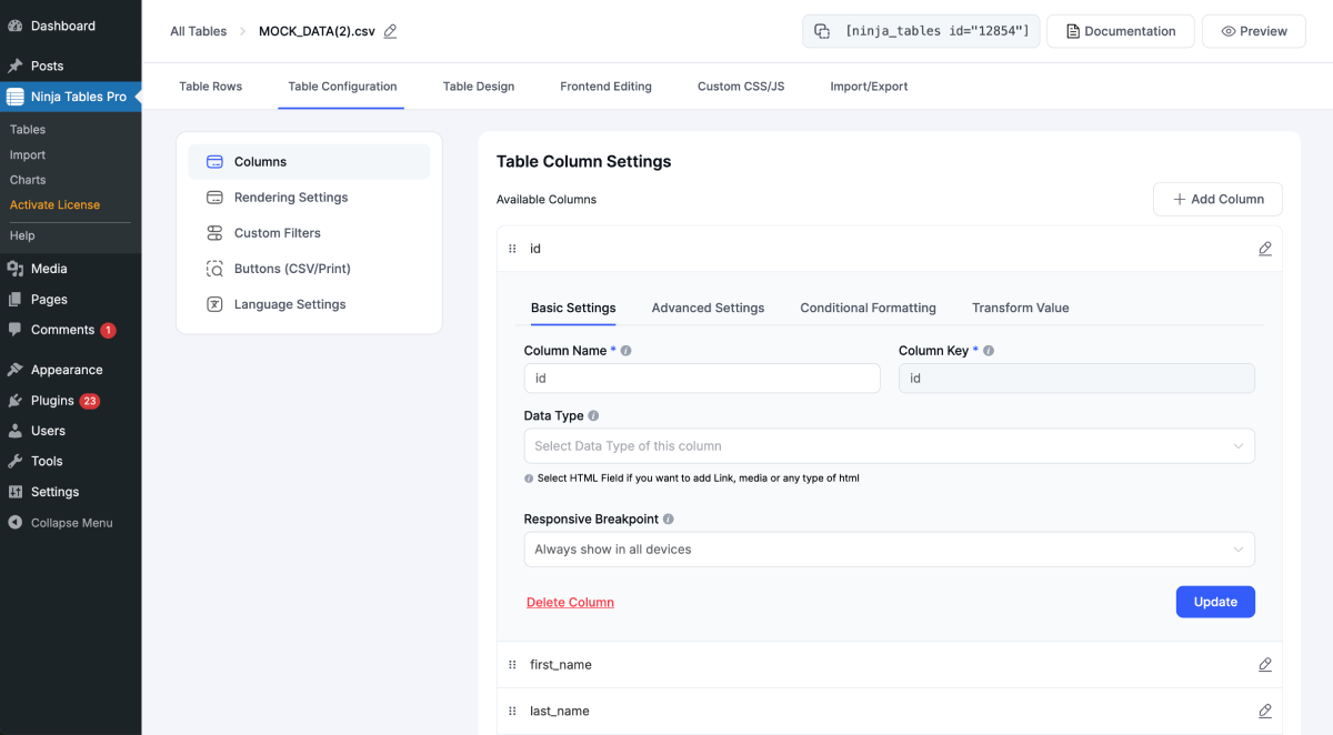 Backend – Table Column Configuration