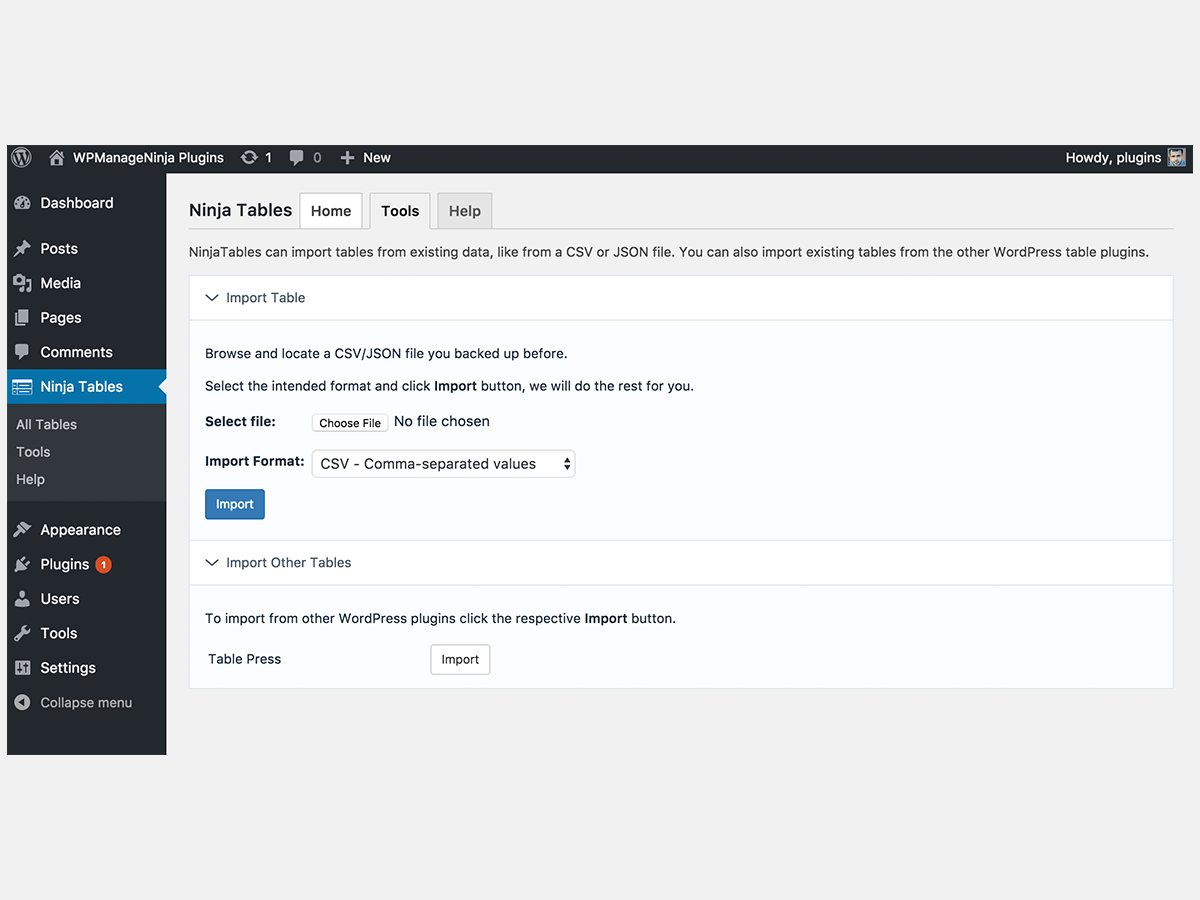 Import or Export Table from CSV, JSON, or from TablePress