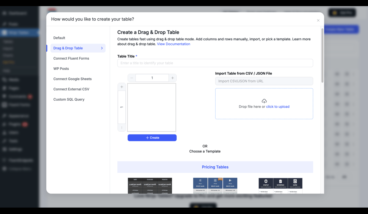 Drag and Drop Table Builder